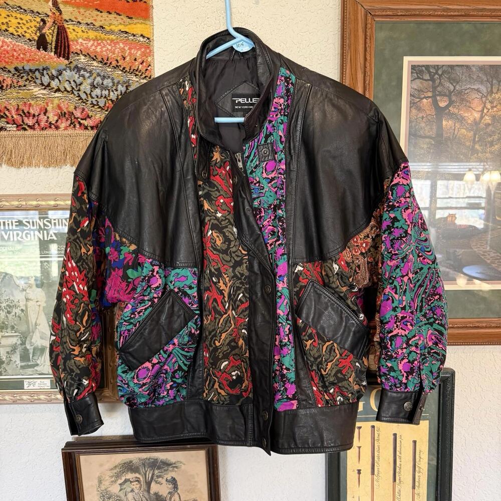 NWOT Vintage 80s Pelle Designer‎ Leather Colorful Patchwork Bomber Jacket Small